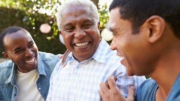 senior-man-talking-with-his-adult-sons-in-garden-picture-id638287776